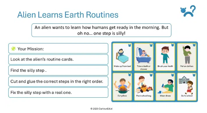 Alien Learns Earth Routines educational illustration